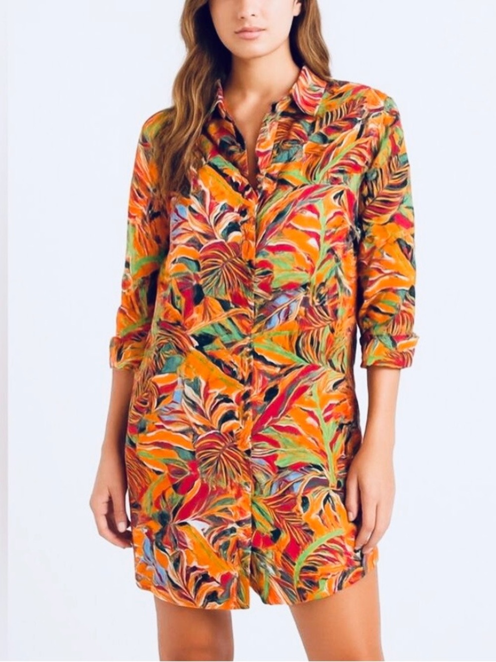 C&C California Orange Multi Tropical Print Linen Mini Dress